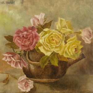 Laura Coombs Hills still life oil painting of roses in a tea pot at Fry Fine Art