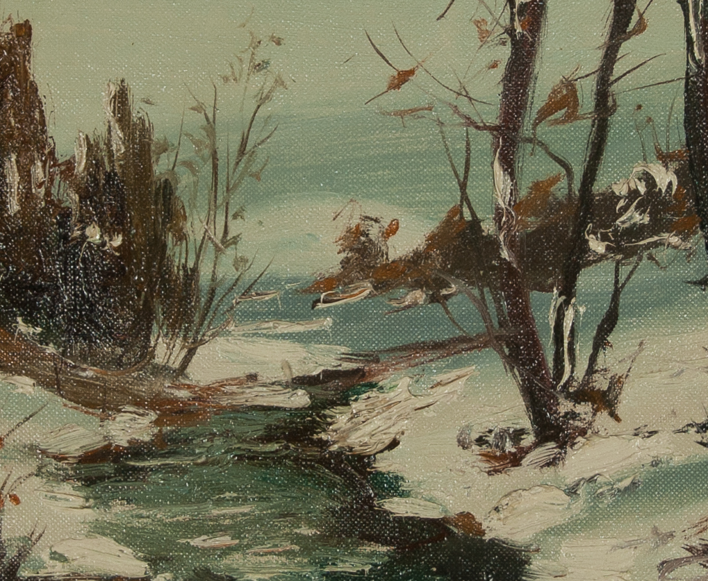 1214 close up (1 of 1) Cesare Ricciardi Oil painting of Winter Brook for sale at Fry Fine Art